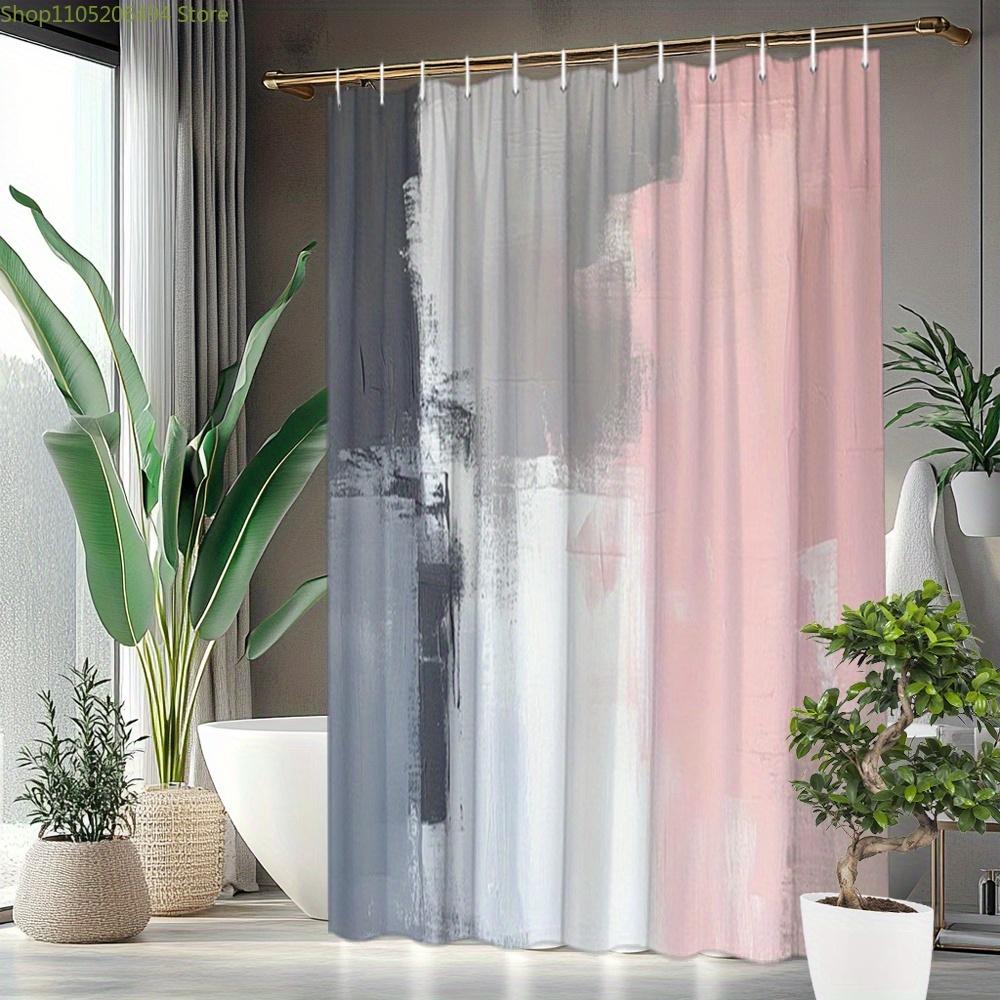 1pc Abstract Pastel Expressionism Shower Curtain - Pink, Grey, White Brushstrokes, Dynamic Texture, Serene Vibrant Mood, Polye