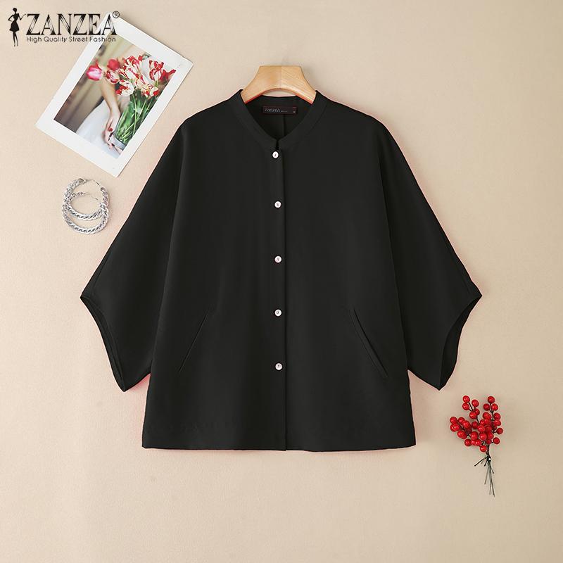 ZANZEA Women Casual Round Neck Loose 3/4 Sleeve Solid Blouse