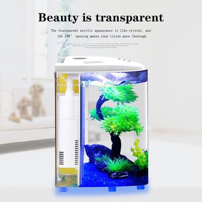 Tischfischbehälter mit LED-Licht, Mini-Acryl-Aquarium mit künstlichen Wasserpflanzen, kleiner, unabhängiger Fischbehälter für die Inneneinrichtung