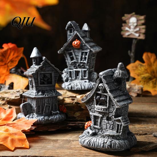 Skull Ornaments For Halloween Haunted House Ornament, Resin Miniature, Dark Shape Miniature Scene Decor with Elements Desktop Decoration for
