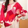 MODIQUE Spring Summer Plus Size Women Loose Silk Geometric Print Batwing Sleeve Blouse Shirts Lady Casual Oversize O-Neck Quarter Sleeve Pullover