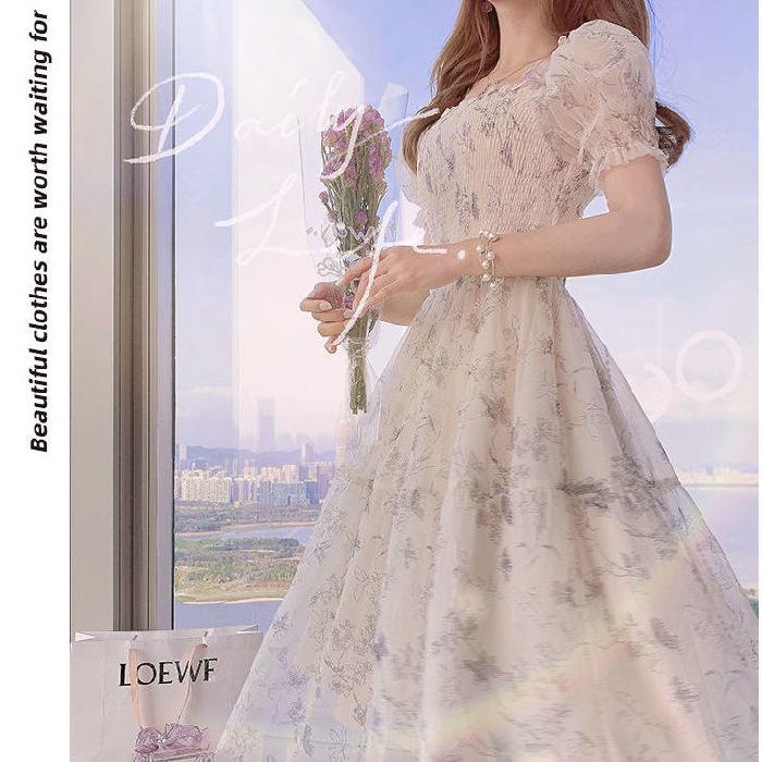 2025 Summer Floral Chiffon Dress: Puff Sleeve, Waist-Slimming, Short Sleeve