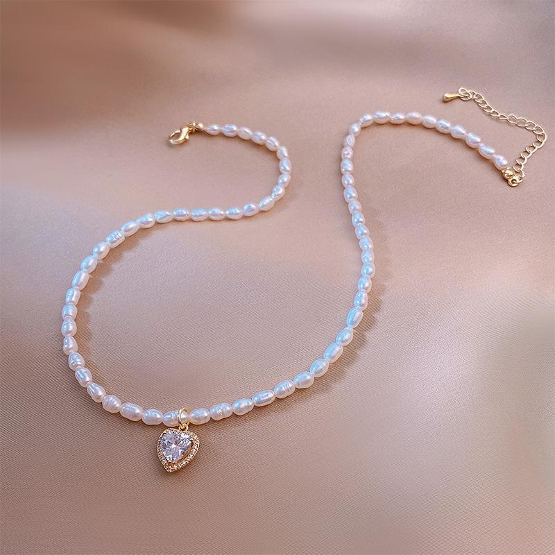 Romantic Love Heart Shiny Cubic Zirconia Natural Freshwater Pearl 14K Gold Filled Female Pendant Necklace Chains Gifts