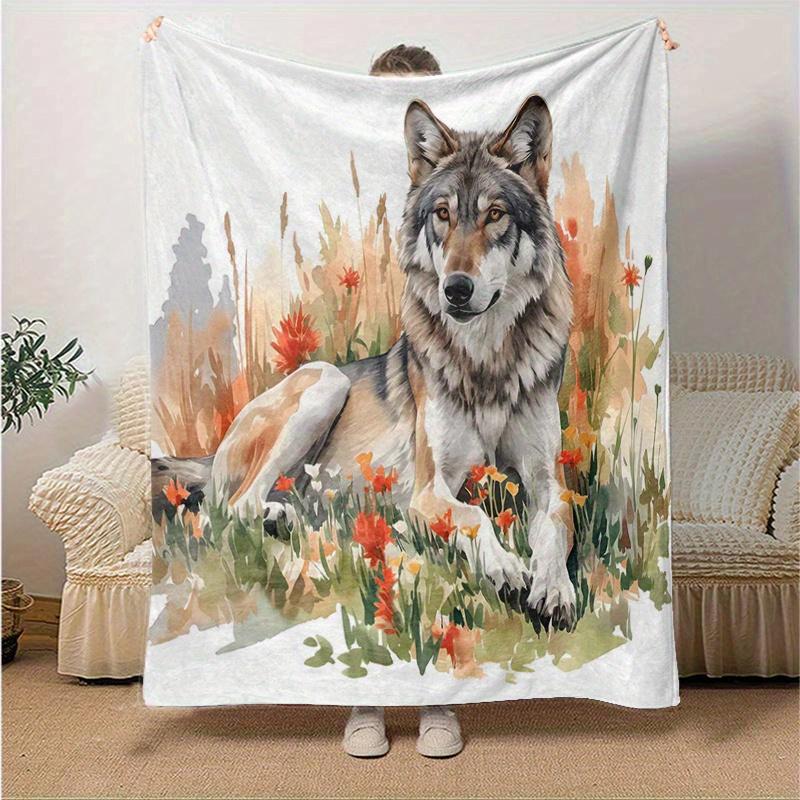 1pc Wild Wolf Amidst Autumnal Wildflowers Blanket  Cartoon Throw for Home Decor, Gift Idea, Room Decoration, Living Room, Travel, Camping