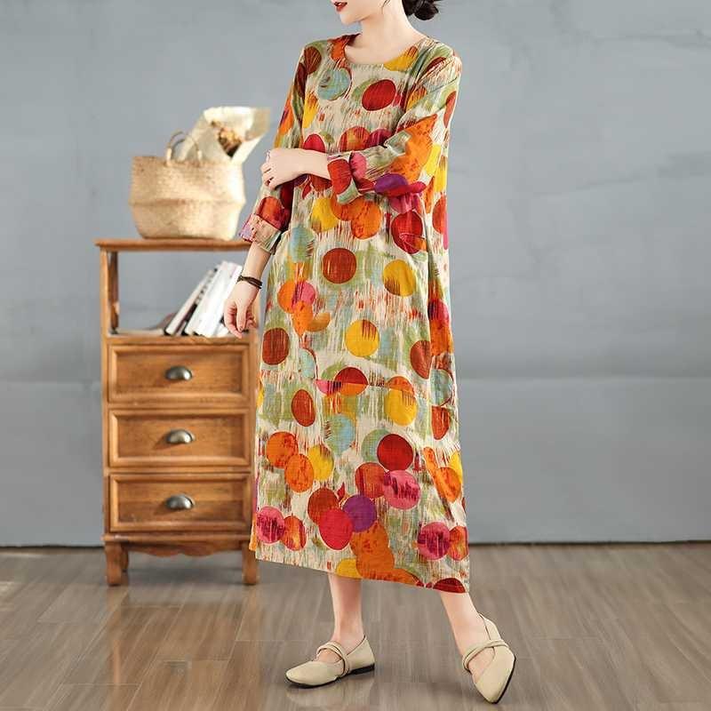 2025 New Vintage Printed Round Neck Loose Large Size Long Dresses