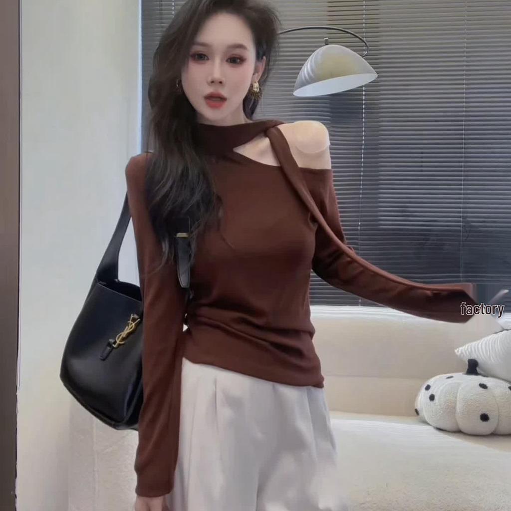 Design-Sense Autumn Asymmetrical Slash Neck Long-Sleeved Ribbon Top