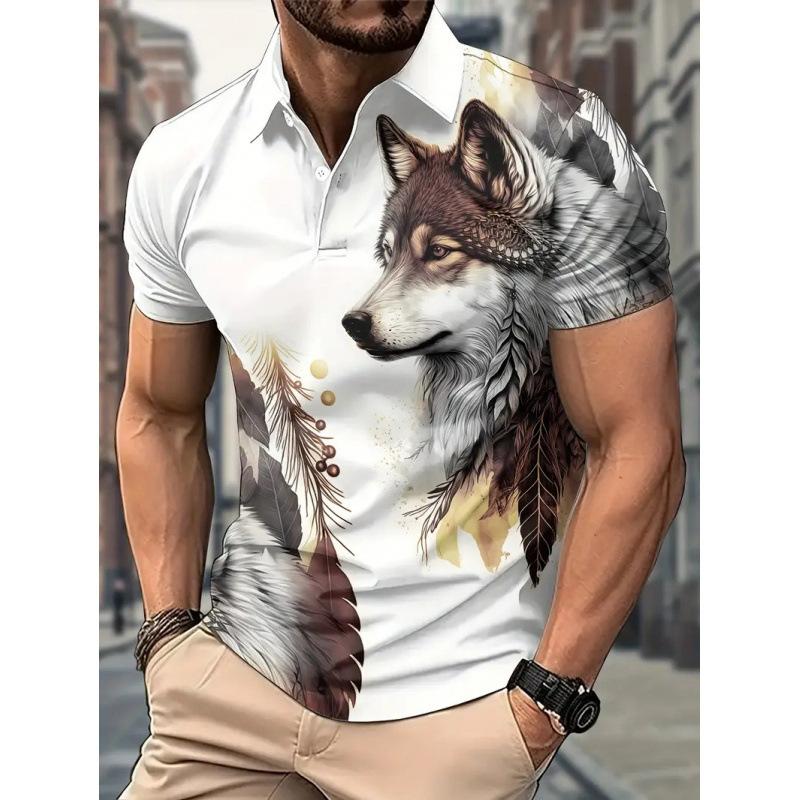 Trendy Wolf Forest Print Short Sleeve Polo, Casual Men's Top