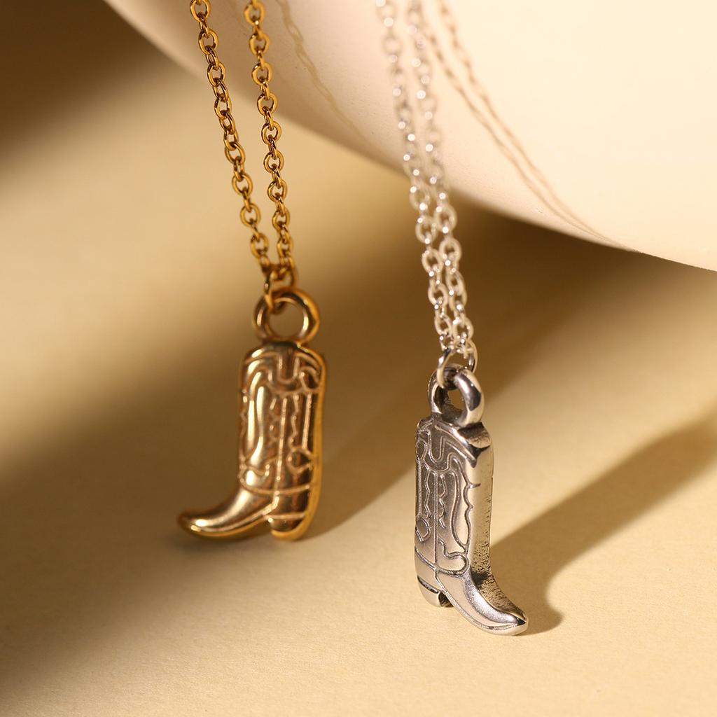 Lady Stainless Steel Gold Plated Trendy Western Cowboy Boots Link Chain Pendant Necklace Gift