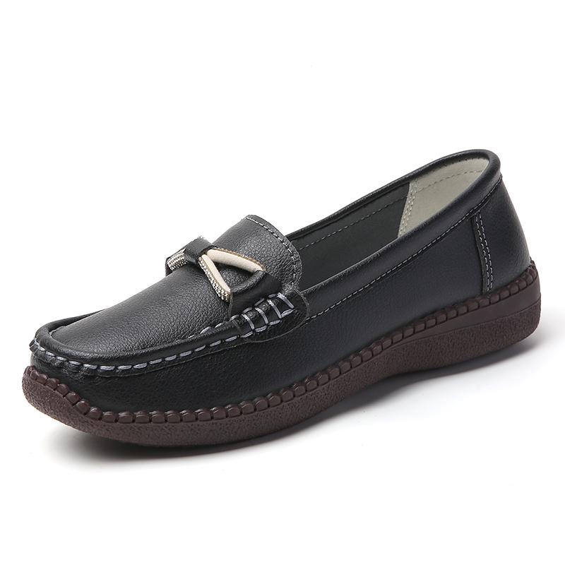 Women Simple Gold Loafers Leather Driving Moccasins Comfort Flats Black Casual Slip On Plus Size Black Shoes