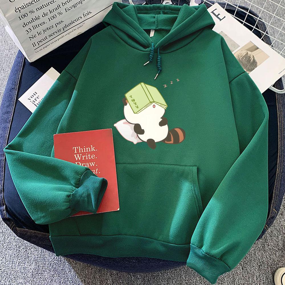 Raccoon Study Sleeping Graphic Hoodies Kawaii Cartoon Printing Girls Sweatshirts Long Sleeve Women Men Pullovers Hooded