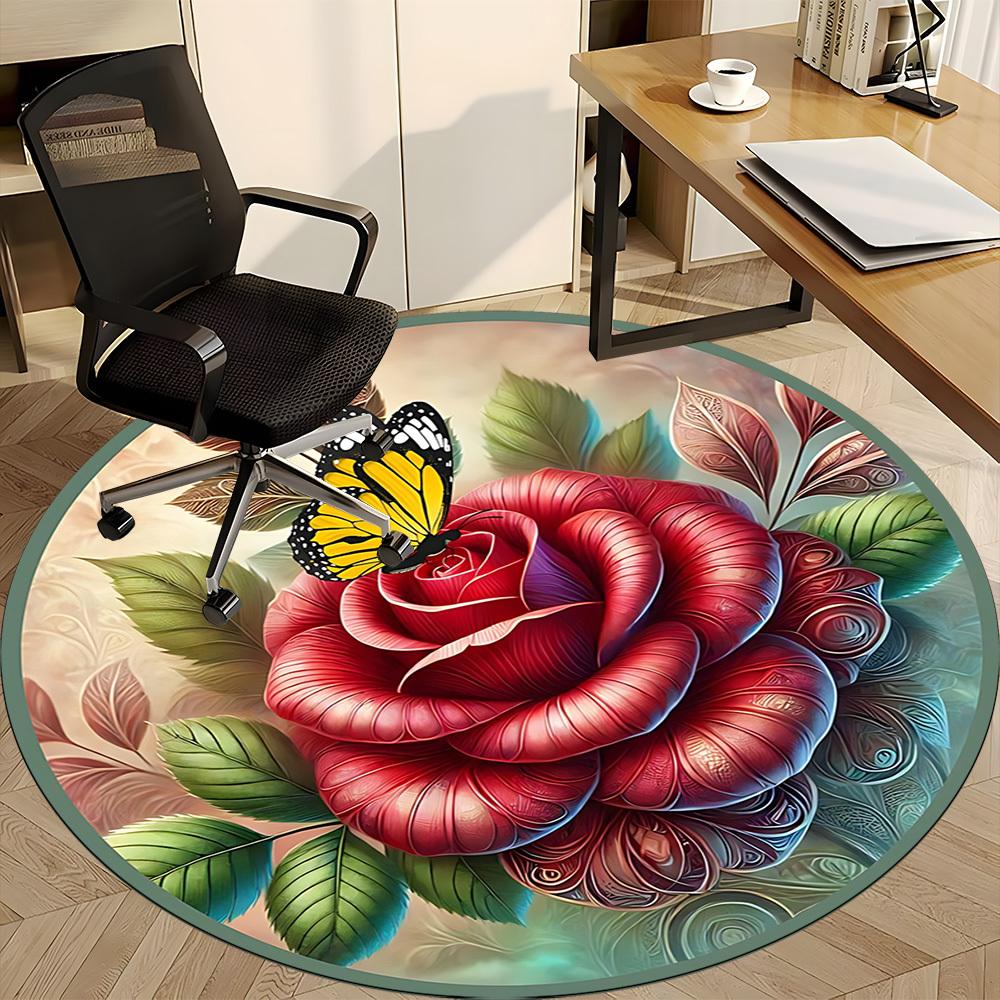 1pc Rose ButterflyChair Carpet for Office, Indoor Non-Slip Washable Polyester Fiber Carpet, Mat For Office, Machine Washable
