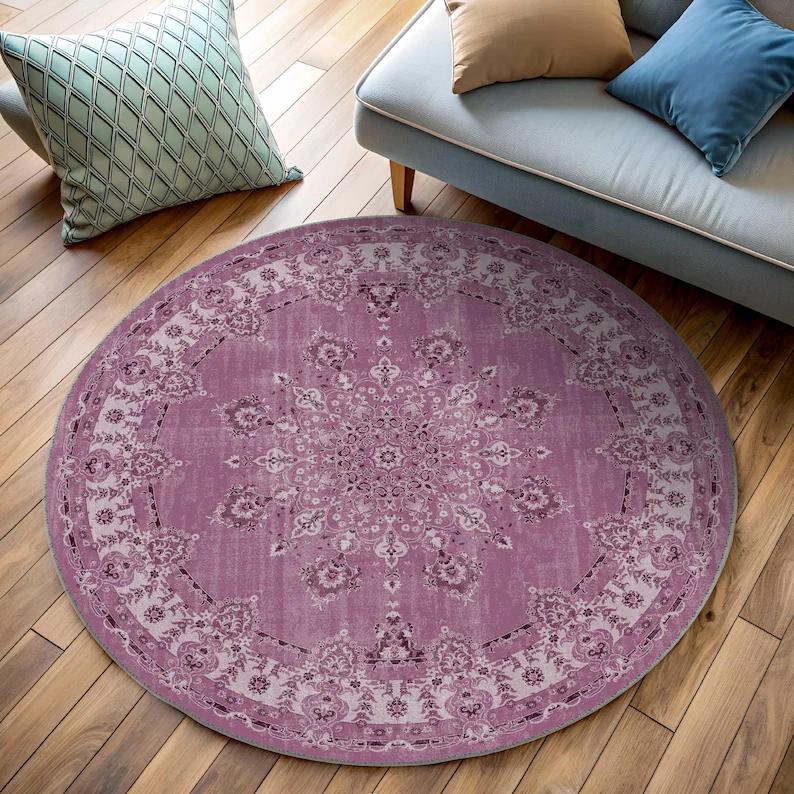Vintage Bordo Perzisch Bloemen Rond Tapijt Antislip Wasbare Mat Voor Woonkamer 40x40cm