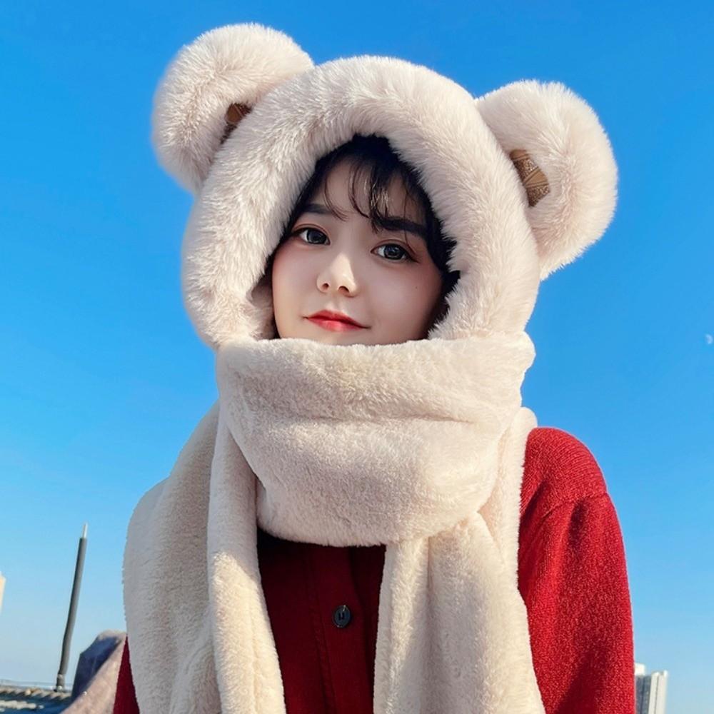 3-in-1 Hooded Scarf Windproof Winter Plush Scarf Cute Neck Warmer  Outdoor