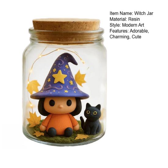 Adopt A Witch Hat Jar Halloween Witch Hat Doll with Black Cat in Jar Cute Light-up Decorative Jar for DIY Craft Gifts Party Favors