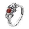 Vintage Thai Silver Ring With Red Agate Inlay Adjustable Open Cuff Traditional Coin Pattern For Women