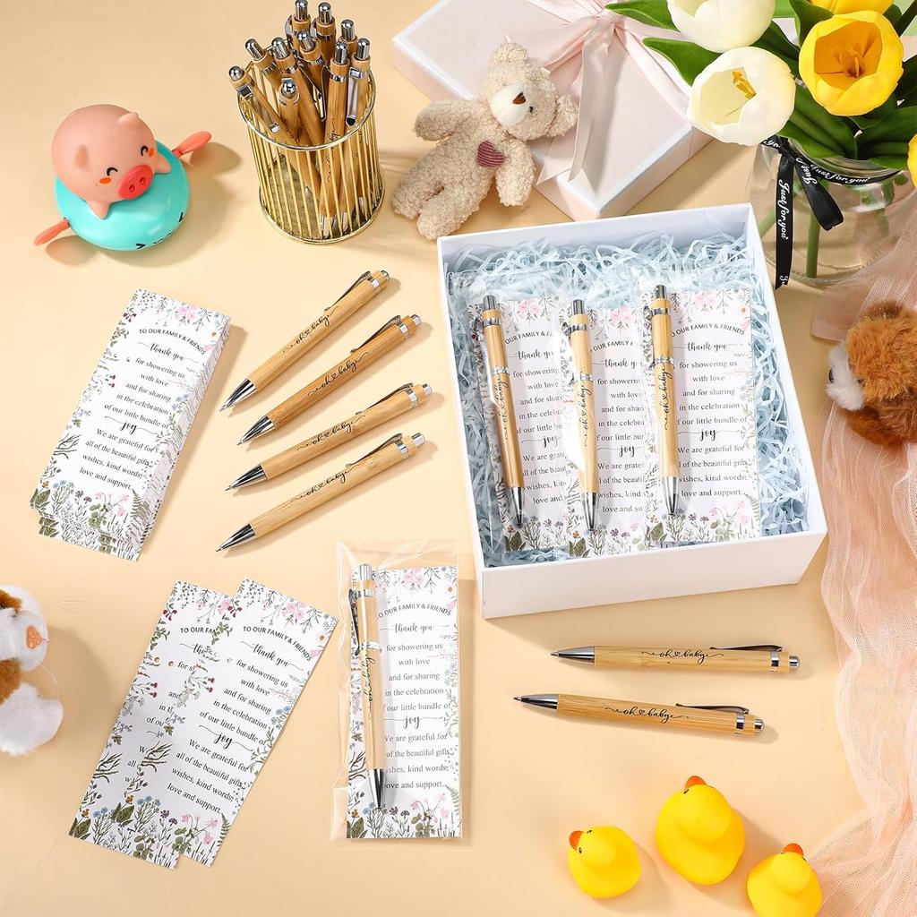 Zhanmai 50 Sets Baby Shower Pens Gifts Bulk Baby Shower Favors for Guests Sage Greener Woodland Bamboo Ballpoint Pens with Cards for Gender Reveal