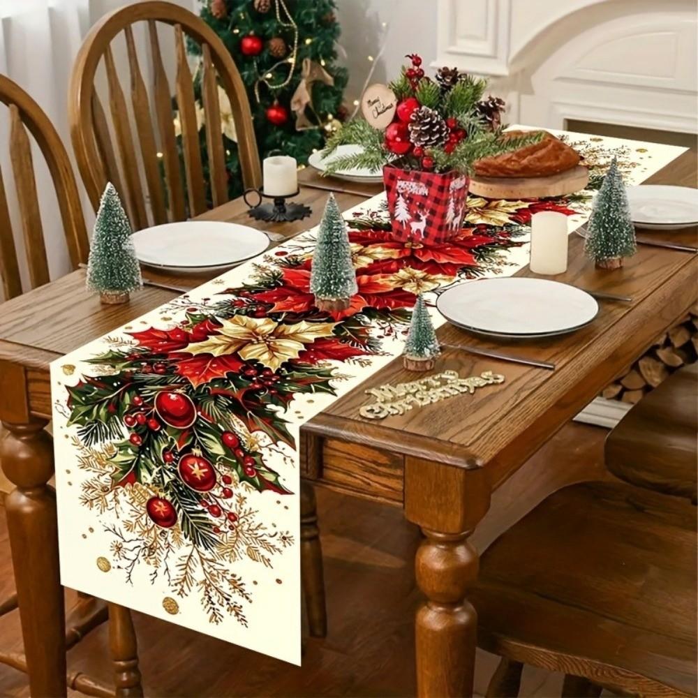 Santa Snowman Christmas Tablecloth Tabletop Decoration Poinsettia Table Runner Kitchen