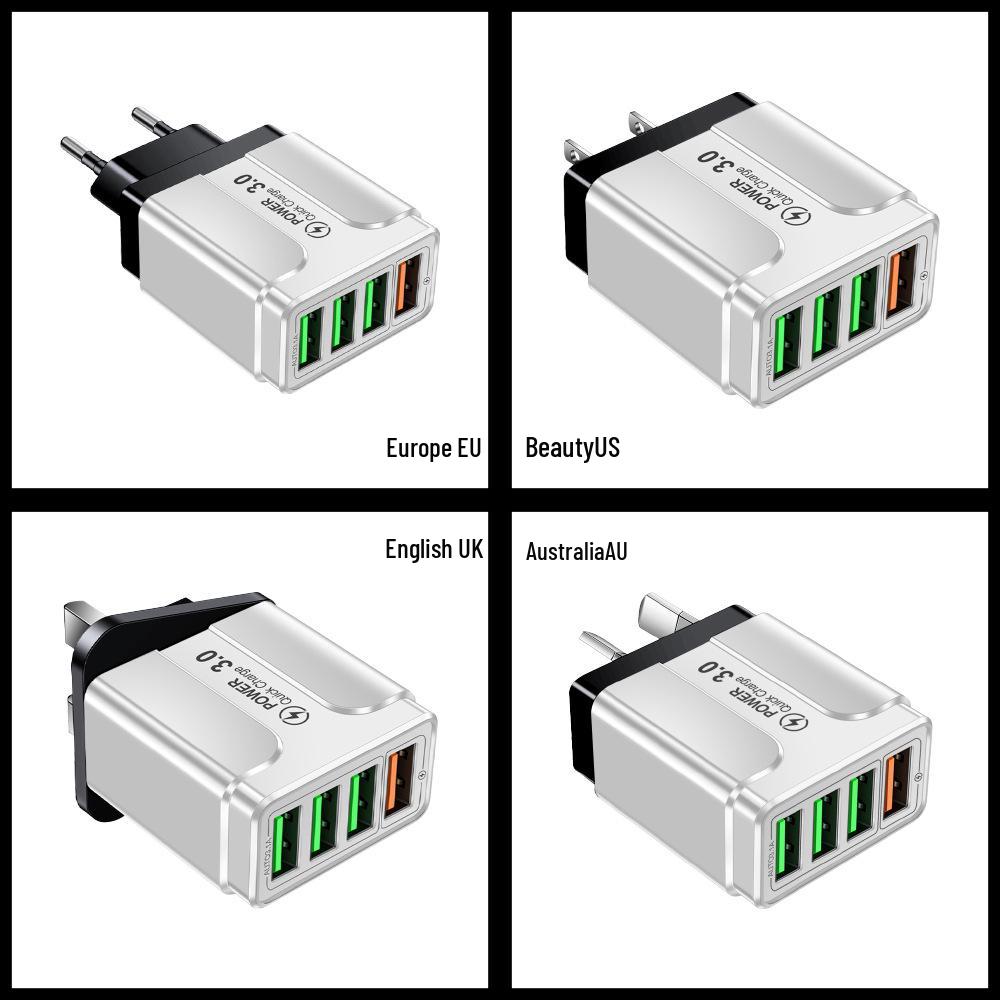 QC3.0 Fast Charging 4-Port USB Mobile Charger with EU/UK/AU Plug