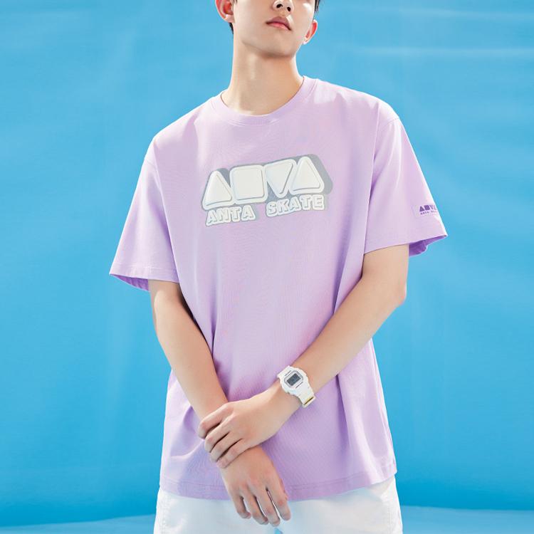 Anta Lifestyle Series Logo Print Casual Letter Short Sleeve T-Shirt Unisex Tops Light-Pink Purple 152328133-3