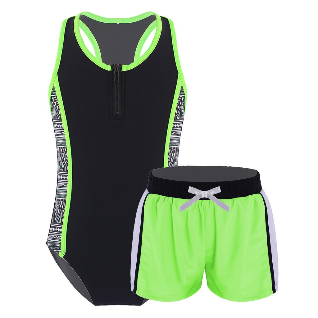 Girls One Piece Swimsuit Set Sleeveless Racer Back Design Matching Boyshorts Beach Swimwear Outfit