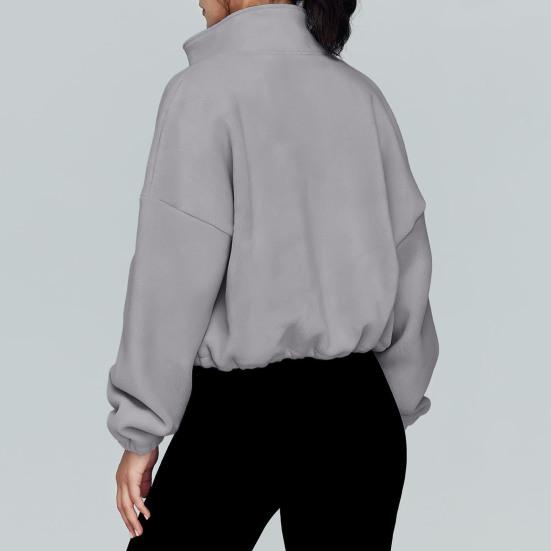 Women's Zip Drawstring Fleece Short Jacket Full Hem Stand Collar Warm