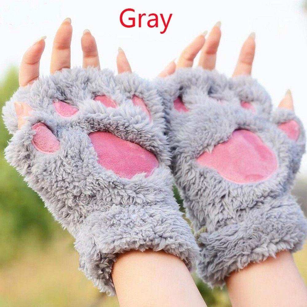 Girl Mittens Half Women Cat Warm Fluffy Multi-color Claw Gloves Bear Paw Winter Fingerless