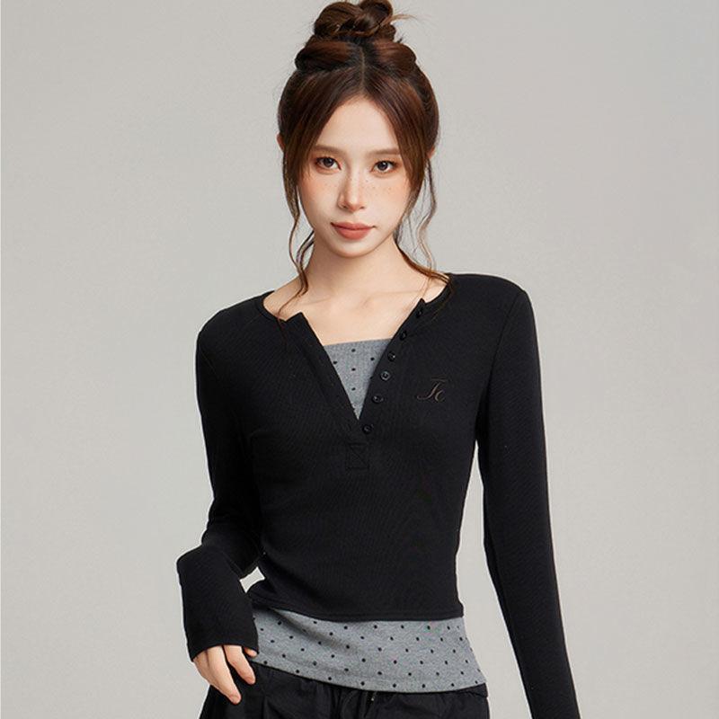 Autumn Pure Desire Style Spicy Girl Pure Cotton Short Sleeved T-shirt for Women Slim Fit Slimming Design Fake Two-piece Top T-Shirts Women’s