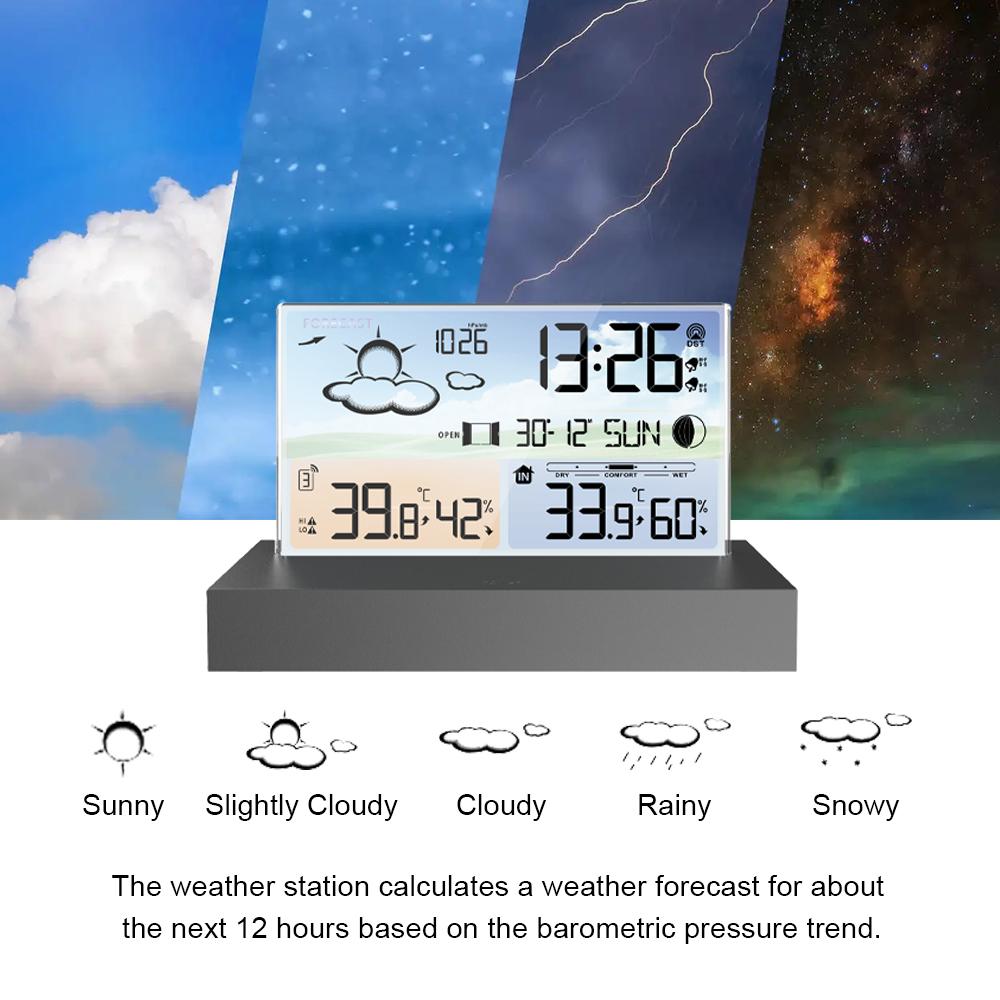 Transparent Glass Weather Clock, Wireless Multifunctional Weather forecast, Electronic Alarm Clock, Black Outdoor Sensors