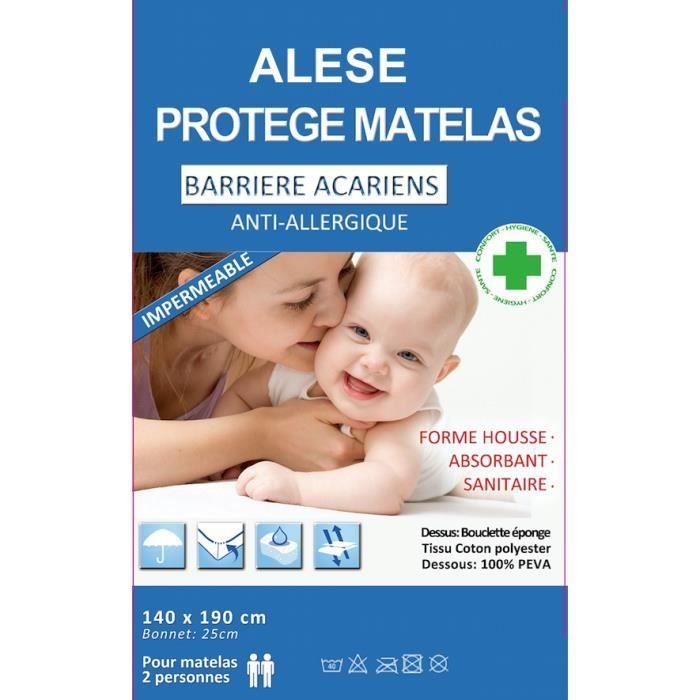 Alèse protège-matelas - Imperméable - 140 x 190 cm - Anti-acariens - Antiallergique - Coton