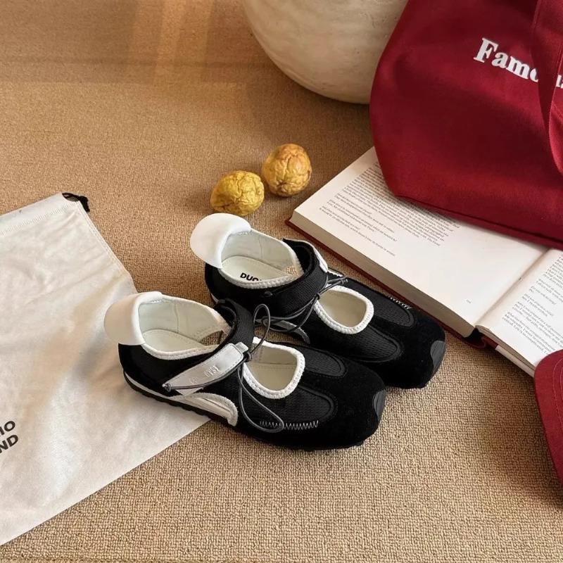 Fashion Ladies Casual Shoes Soft Leather Sports Mary Jane Shoes Women Square Toe Color Blocked Hollow Velcro Ballet Single Shoes