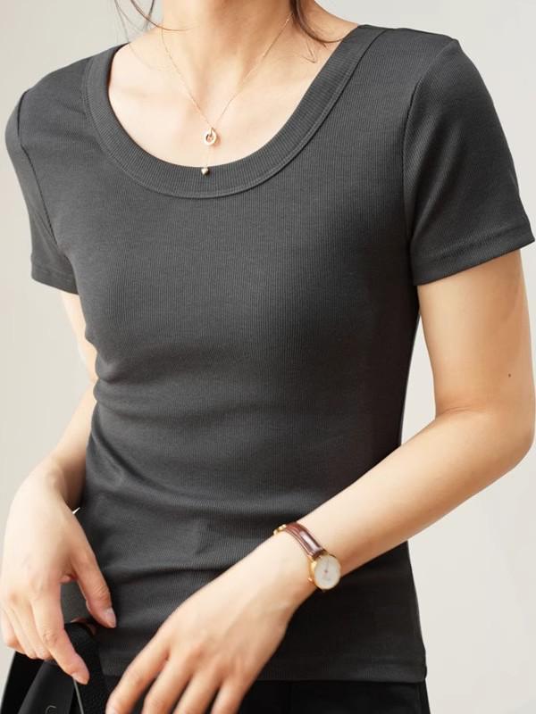 Damen Sommer 2025 Schlank geschnittenes geripptes U-Ausschnitt T-Shirt - Vielseitig Große Größen, Hohe Elastizität, Kurzarm Basis-Top