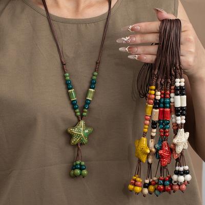 Summer Ceramic Colorful Beaded Starfish Necklace Long Braided Rope Necklace Accessory