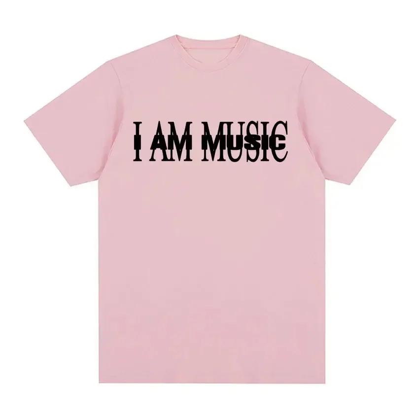 Men's I Am Music English Print 100% Pure Cotton Short-sleeved T-shirt, Street High-quality Clothing Top