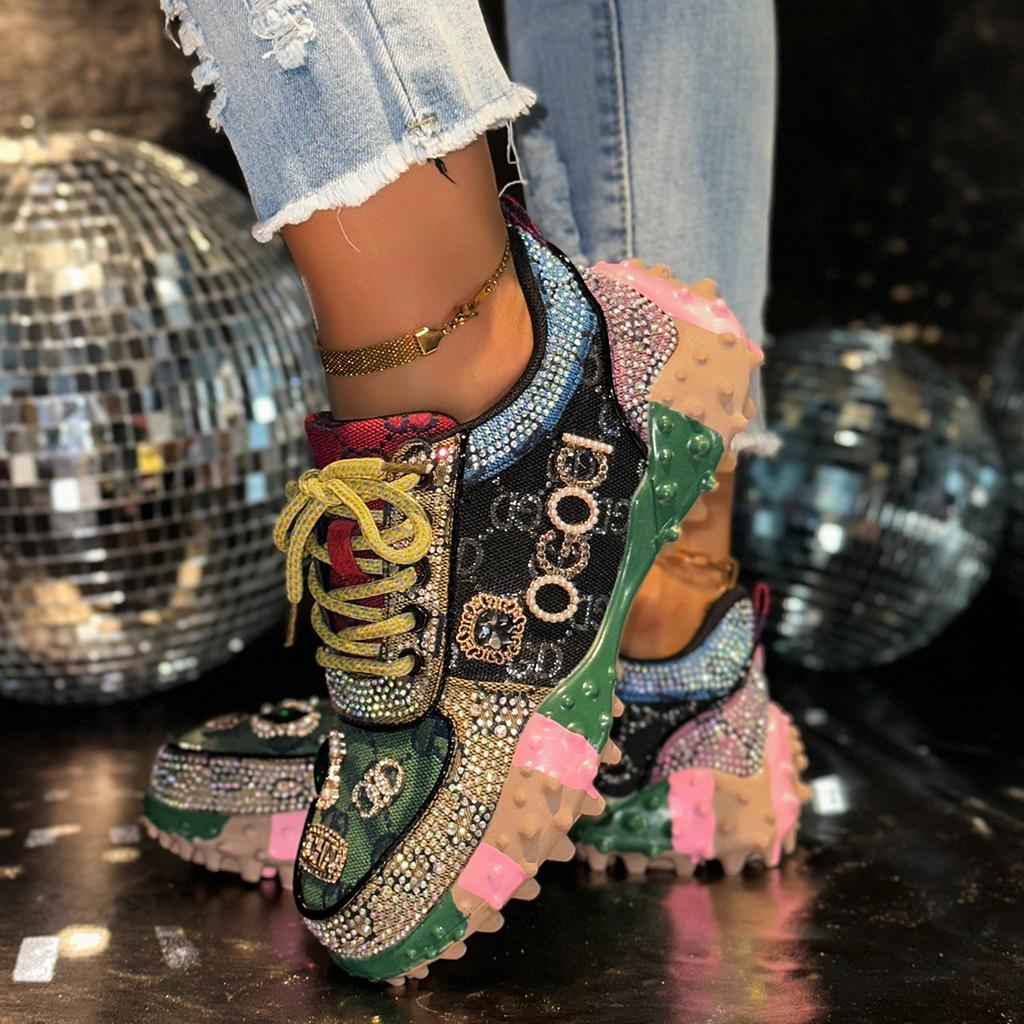 Hot-Selling Letter Single Shoes Women'S Rhinestone Fashion Sports Shoes Durian Bottom Muffin Bottom Mesh Single Shoes Women