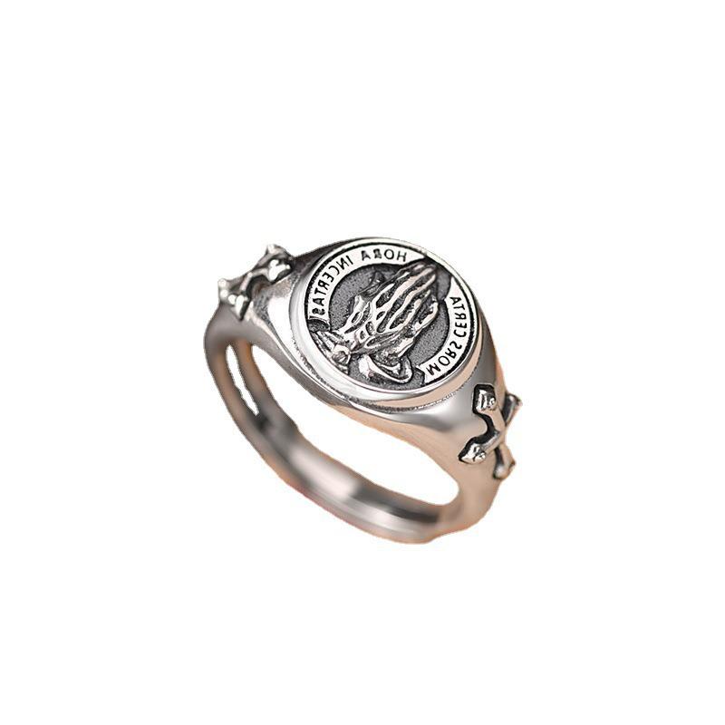 Men's Retro Thai Silver Prayer Hand Adjustable Ring