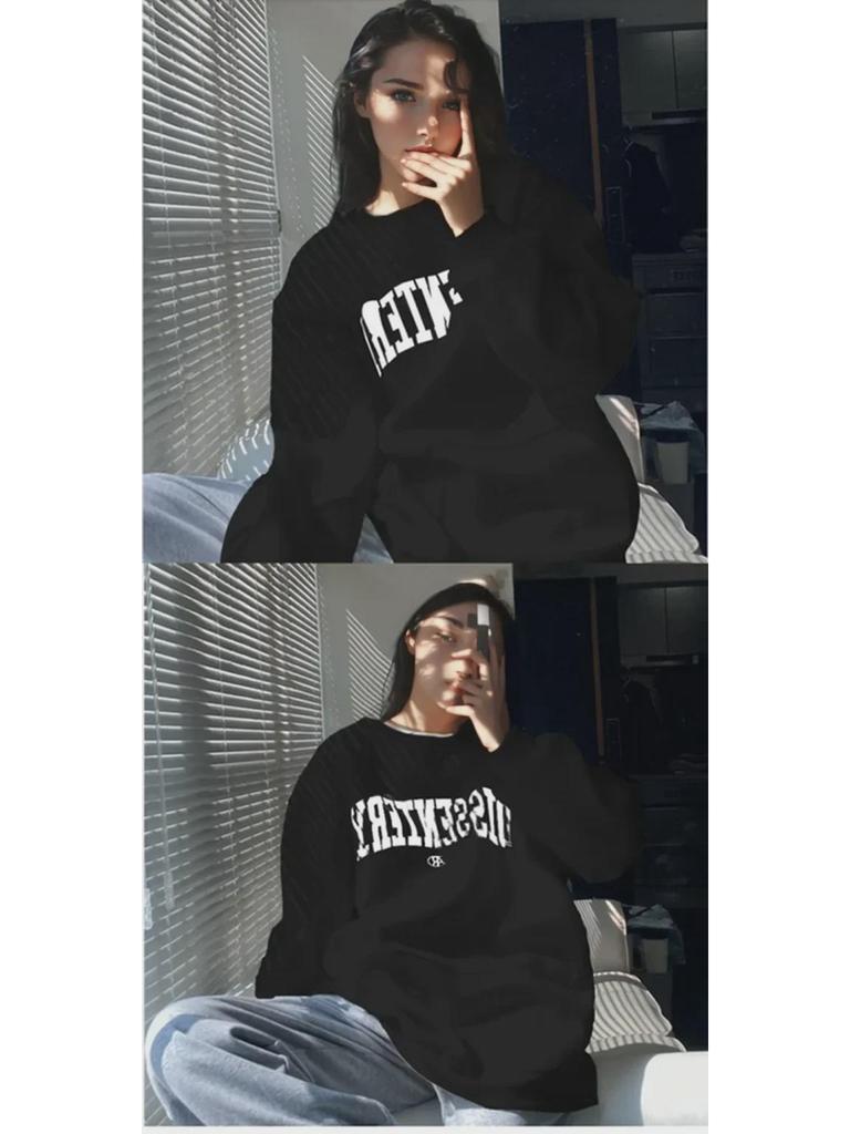 Women's Korean Letter Print Sweatshirts - Casual, Loose Fit, Round Neck for Autumn and Winter