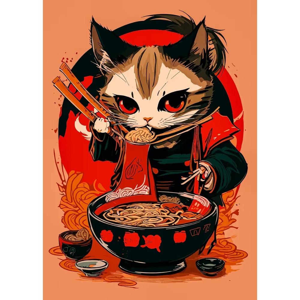 Japanische Katze isst Nudeln Leinwandposter Katze Kaffee Bonjour Mon Amour Küchenwandkunst Drucke für modernes Wohnzimmer Heimdekor