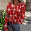 Women's Casual Long Sleeve Ribbed Knit Top with Christmas Print and Round Neck