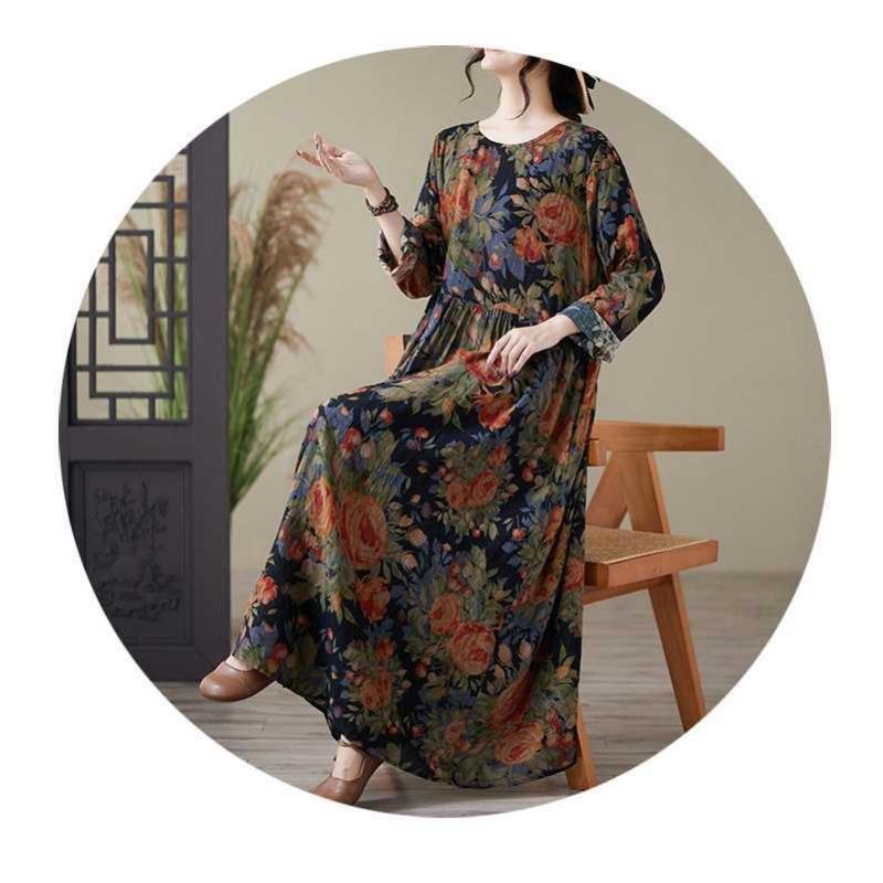 Printed Round Neck Loose Plus Size Long Sleeve Dresses for Women