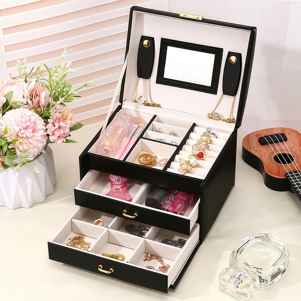 

Multi layer jewelry box storage box, portable jewelry box, PU leather double drawer jewelry box.zwq чёрный