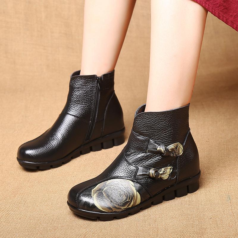 retro winter new  Luxury women Real leather Boots ladies ankle boots flat heeled butterfly bow with plush warm women shoes