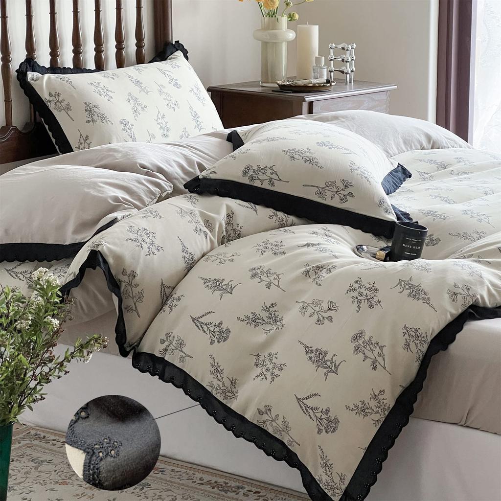 BUKAROOM Duvet Cover Ruffled Double Zipper Duvet Suitable for Western and Japanese Style Fitted Lightweight and Stylish Floral Black Cover [Double