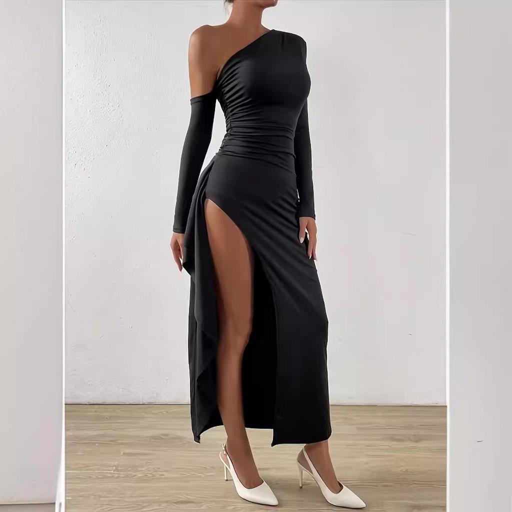 Summer Long Sleeve Off-Shoulder Bodycon Dress with Irregular Slit