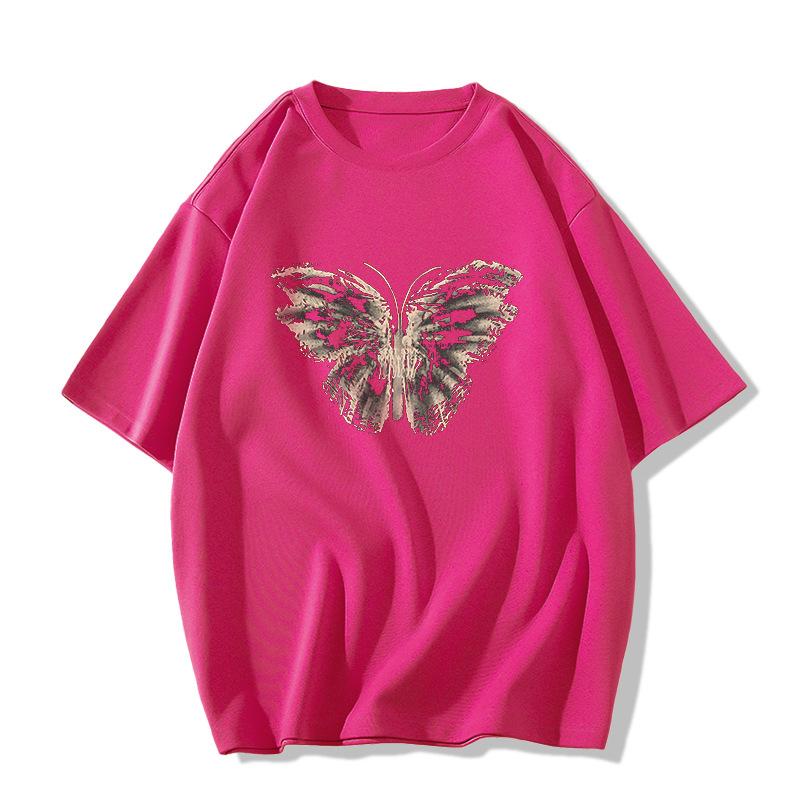 Ladies Summer Short Sleeve Round Collar Casual Teenager Pullover Oversize Butterfly Printed Cotton T Shirt Top
