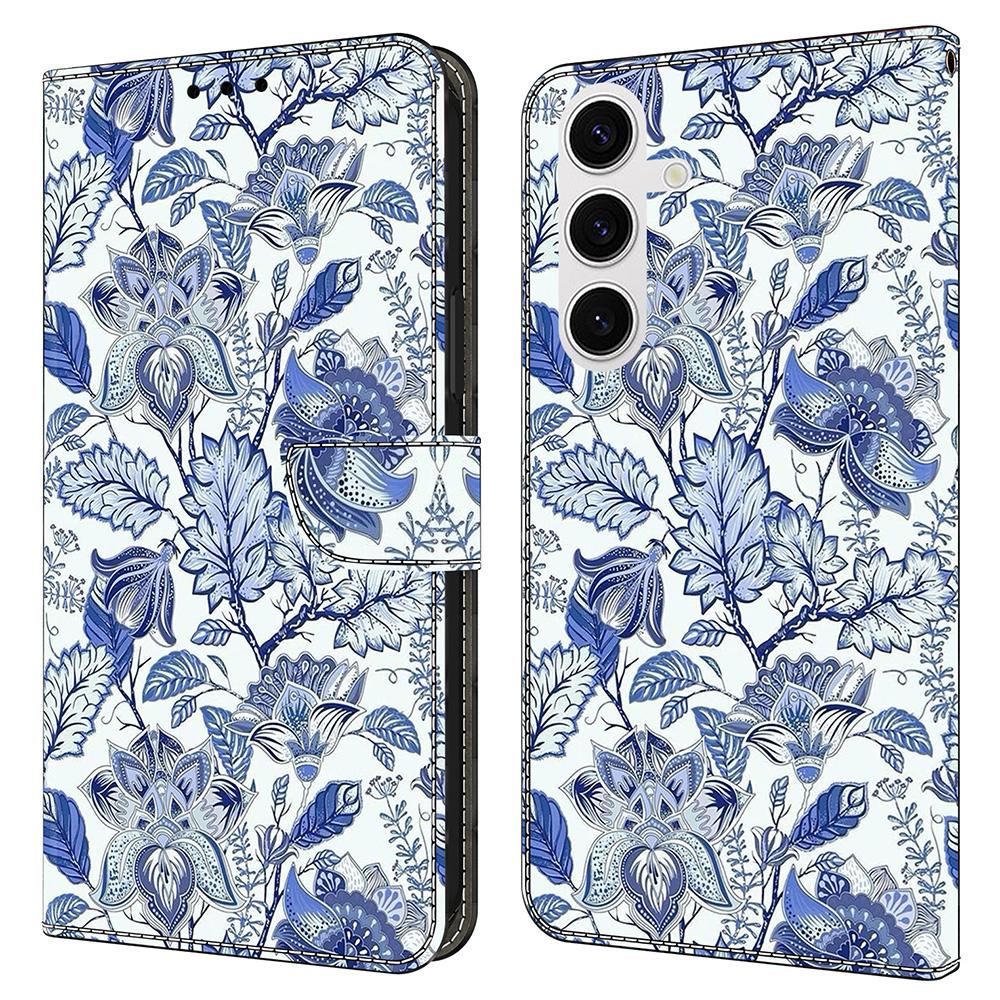 

For Samsung Galaxy S25+ Leather Case Pattern Printing Wallet Stand Flip Phone Cover Blue Flower Bush