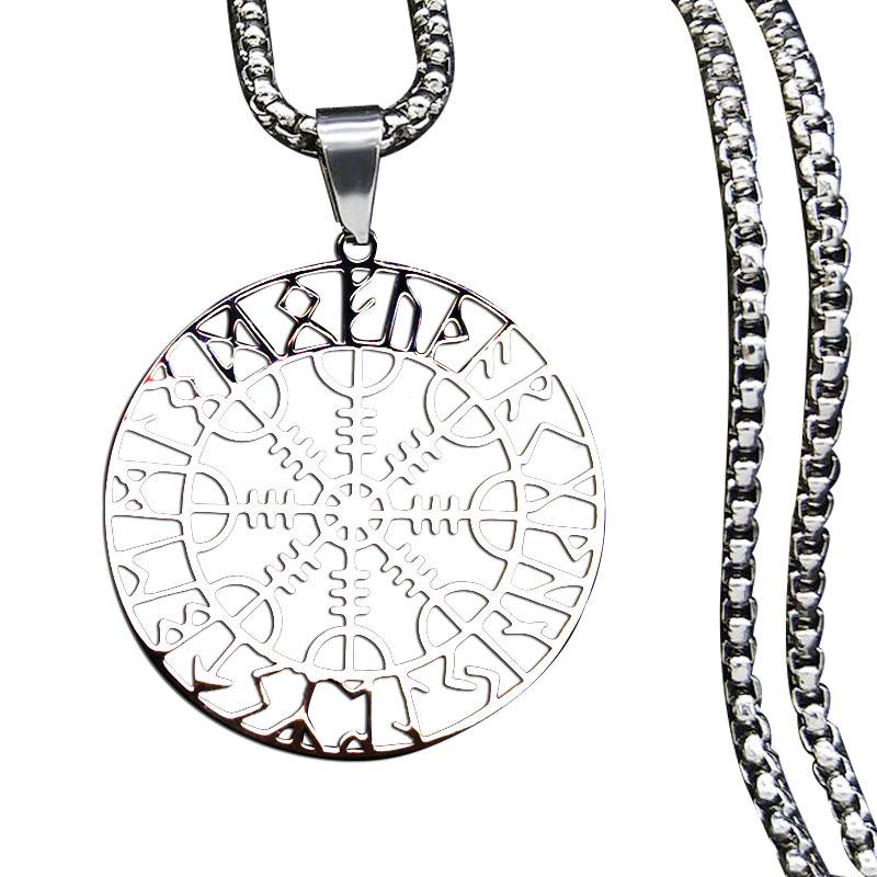 Viking Runes Odin Compass Pendant Long Necklace For Men Ancient Norse Jewelry Trendy Viking Accessory
