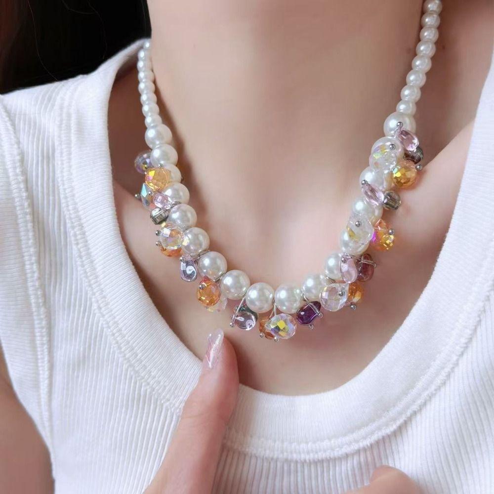 Sweet Pearl Beaded Necklace Shining Pearl Choker Jewelry Adjustable Colored Zircon Necklace  Gift