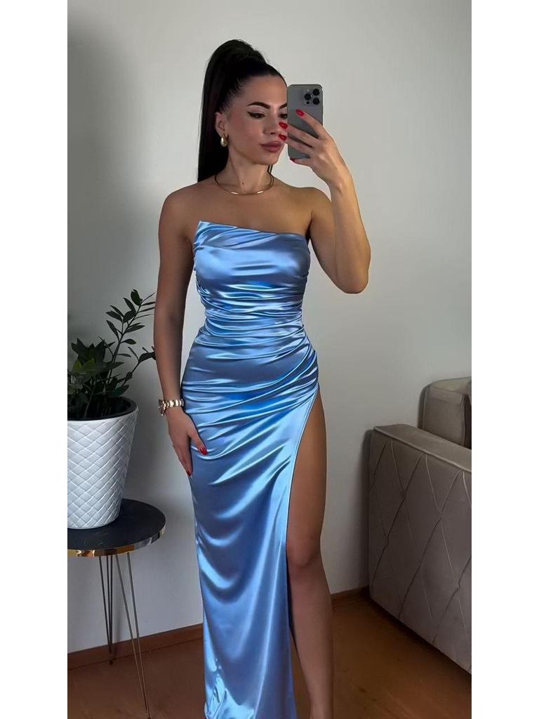 Satin Waist-Cinching Strapless High Slit Dress for Women - Summer 2025 Collection
