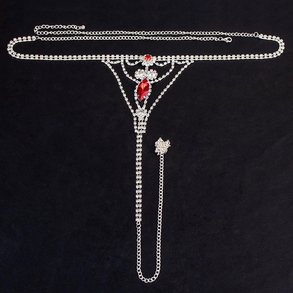 European & American Sexy Rhinestone Ruby Thong Bikini Body Chain for Women