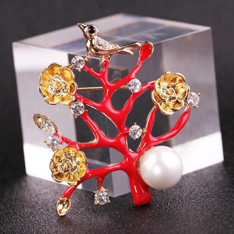 Chinese Style Bird Branch Pearl Brooch Drop Oil Design Flower Corsage Long-lasting Color Exquisite Cute Women's BFF Gift
